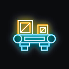 Poster - Neon sign of a conveyor system moving packages, perfect for themes of delivery, logistics, and industry