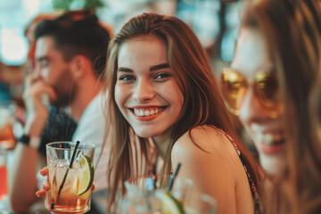 Sticker - Ai generated image of happy woman enjoying weekend in pub