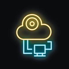 Poster - glowing neon icon of a cloud computing system monitoring servers, representing cloud security and da