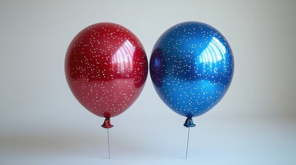 Two colorful balloons, one red with white speckles and one blue, set against a plain background