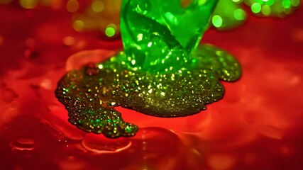 Poster - Dynamic drops of green glitter in red oil or ink diffusing through water, creating an abstract aquatic swirls