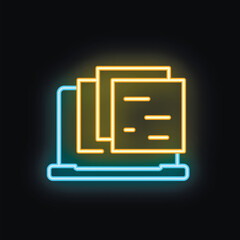 Poster - brightly glowing neon laptop displaying multiple documents, representing online work or digital file