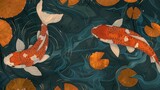 Japanese koi fish swimming in pond with lotus leaves, traditional oriental art illustration
