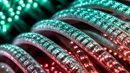 Poster - Closeup of illuminated fiber optic cables, showcasing vibrant teal and red hues.  Perfect for tech, communication, and data transfer concepts.