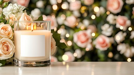 Wall Mural - A stylish candle burns gently, illuminating a warm atmosphere. Delicate flowers and holiday decorations surround the candle, evoking a cozy winter feeling