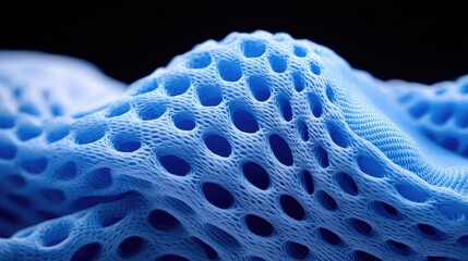 Blue perforated fabric texture, close-up, abstract background