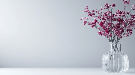 Wall Mural - A clear glass filled with water holds a sprig of delicate white flowers, resting on a round table with a simple design, illuminated by soft daylight