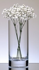 Wall Mural - A clear glass filled with water holds a sprig of delicate white flowers, resting on a round table with a simple design, illuminated by soft daylight