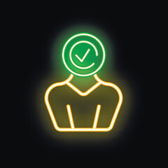 Poster - Neon sign of a person with a green check mark symbol instead of a head glowing on a black background