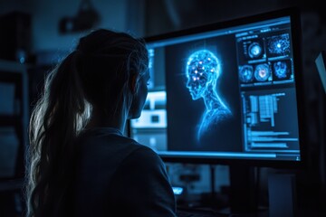 Poster - An ultra-realistic, editorial photo of a female cybersecurity analyst examining AI cyberspace threats on a computer screen in a dark