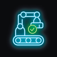 Poster - Neon icon of an automated recruitment process with a robotic arm picking a candidate from a conveyor belt and a green check mark