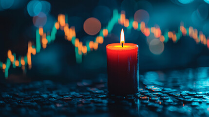Poster - Candle on a keyboard with blurred cityscape background at night