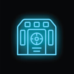 Poster - Bright blue neon floppy disk icon glowing against a dark background, representing outdated technology