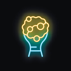 Poster - Glowing neon icon of a human brain enclosed in the glass of a light bulb, symbolizing the generation of ideas