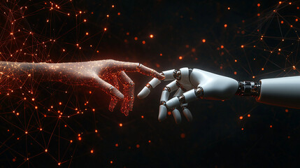 Poster - robot hand reaching out to touch human hand in a symbolic gesture of connection