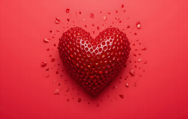 red berry strawberry heart shape on red background. close-up