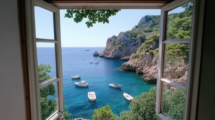 Aufkleber - Through a rustic window, a serene coastal landscape unfolds, with several boats gently floating in calm waters, framed by verdant foliage on a foggy day.