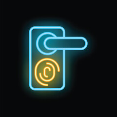 Poster - Neon icon of a door lock with a fingerprint sensor, symbolizing security and access control