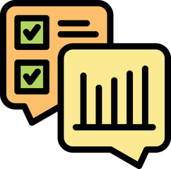 Aufkleber - two speech bubbles illustrating completed tasks with checkmarks and growing statistics with a bar gr