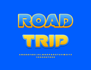 Sticker - Vector Touristic banner Road Trip. Bright Creative Font. Modern set of Alphabet Letters and Numbers.