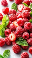 Wall Mural - Juicy Raspberry Bunch, Isolated on White, Food Photography, Vibrant Colors, Close-Up, Freshness Concept