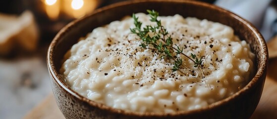 Wall Mural - Creamy risotto topped with fresh herbs and black pepper, set on a rustic wooden table with warm lighting