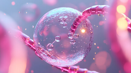 Wall Mural - Cosmetic Essence, Liquid bubble, Molecule inside Liquid Bubble on DNA water splash background, 3d rendering