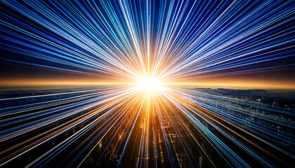 Poster - Dynamic abstract image depicting radiant light streaks converging on a cityscape at sunset.  Ideal for technology, speed, connectivity, and future concepts.