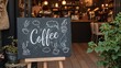 © GMeta - Charming chalkboard sign outside caf Coffee in cursive surrounded by doodled steam clouds and cups