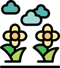 Wall Mural - Simple vector illustration of two yellow flowers growing in green grass under a cloudy sky