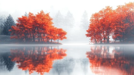 Wall Mural - Foggy lake reflecting vibrant autumn trees in serene landscape.