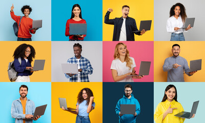 Poster - A cheerful collection of multiracial people celebrating their successes with laptops in a bright, colorful setting. They showcase a joyful lifestyle in a collaborative atmosphere.