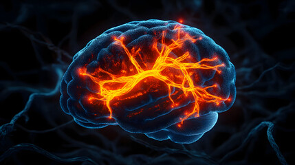 Poster - A glowing, detailed 3D render of a human brain with highlighted orange neural connections on a black background.
