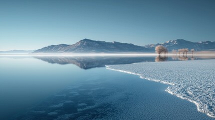 Wall Mural - Frozen lake reflecting mountains at sunrise with icy shore.