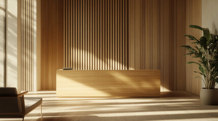 Poster - Modern wooden reception desk with natural light and minimalist interior design