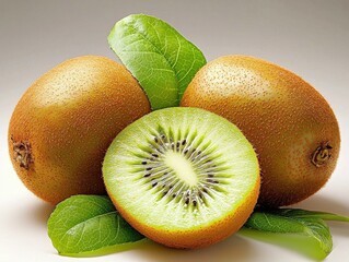 Wall Mural - Ripe Golden-Brown Kiwi Fruits, Isolated on White Background, Fresh Produce, Tropical Environment, Close-Up View, Natural Appeal