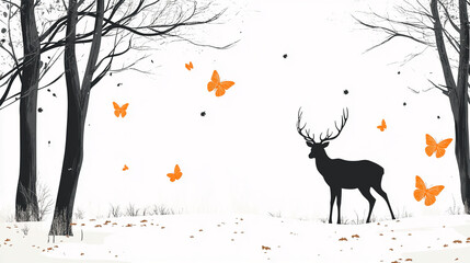 Poster - Minimalist deer and butterfly scene with trees on a snowy background