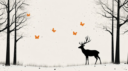 Poster - Elegant deer silhouette with orange butterflies in a snowy forest scene
