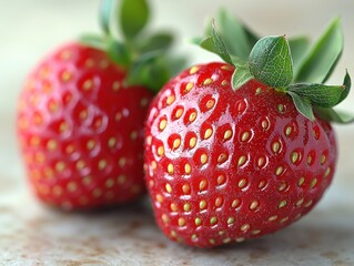 Wall Mural - Vibrant Red Strawberries with Green Leaves, Isolated on White Background, Food Photography, Nature, Close-Up, Freshness