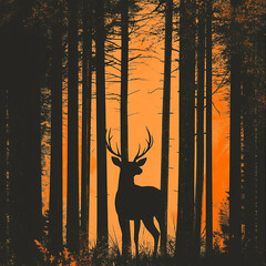 Aufkleber - Silhouette of a Deer in a Forest at Sunset with Orange Background