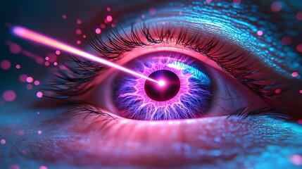 Poster - Futuristic cyberpunk eye with glowing laser effects, symbolizing artificial intelligence, digital security, and the high-tech evolution of cybernetics, Generative AI