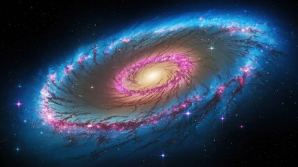 A stunning spiral galaxy illuminated by shades of blue, pink, and gold, set against the vastness of deep space.