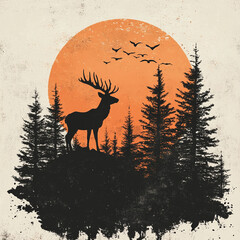 Poster - Silhouette of a majestic deer in forest with orange sunset and flying birds