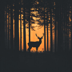 Poster - Silhouette of a deer in the forest at sunrise with golden orange light