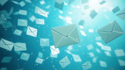 Aufkleber - Abstract scene of flying envelopes in a glowing blue background, symbolizing fast communication, digital messaging, and futuristic postal delivery concepts, Generative AI