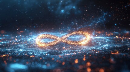 Wall Mural - Glowing infinity symbol on sparkling digital landscape with bokeh background.