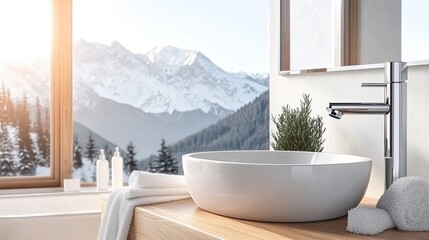 Wall Mural - A contemporary bathroom features a sleek bowl sink with a chrome faucet, wooden countertop, and warmly lit decor, creating a peaceful atmosphere perfect for relaxation