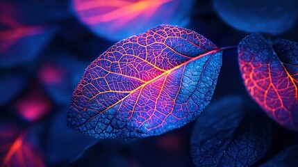 Wall Mural - Glowing leaf veins at night, dark foliage background, nature backdrop.