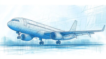 Aufkleber - Technical sketch of an airplane in blueprint style, representing aviation engineering, innovation, and aerodynamics in modern aircraft design, Generative AI