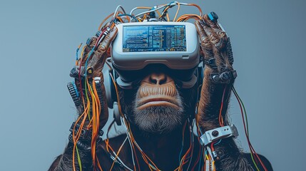Poster - A cybernetic chimpanzee wearing a VR headset connected with wires, symbolizing the fusion of artificial intelligence, virtual reality, and futuristic evolution, Generative AI